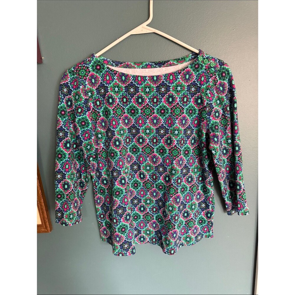 Charter Club Multicolor Geometric Long-Sleeve Top — Green & Pink